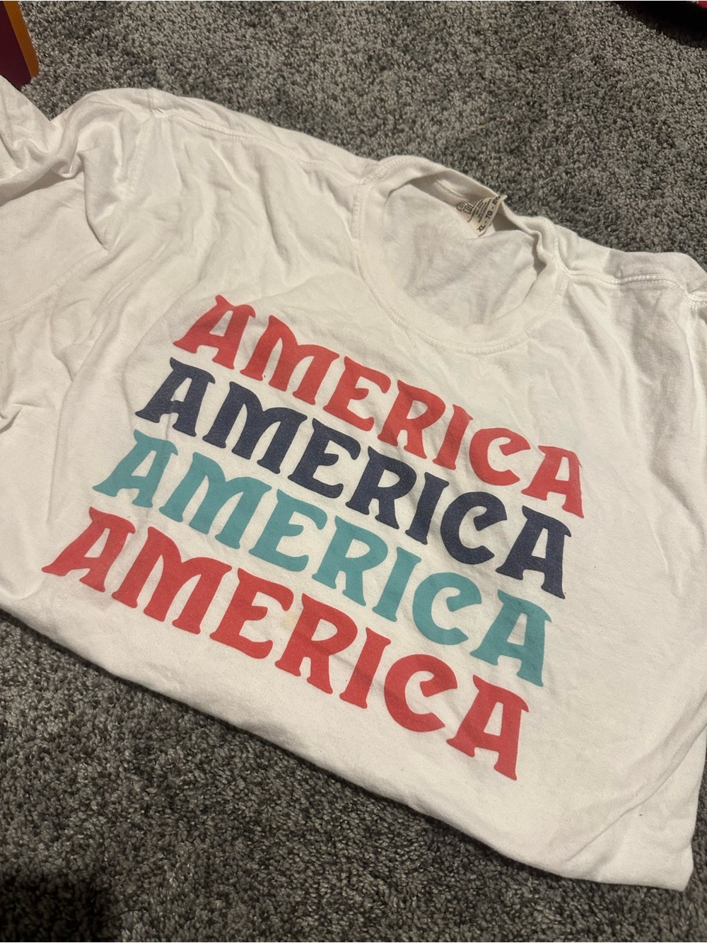 America Graphic Tee - White with Red, Navy, Teal Print